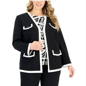 NWT 3X Kasper Black & Vanilla Ice Tipped Collarless Open Front Jacket (ABBA)
